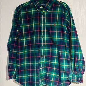 Ralph Lauren Green Plaid Button-Down Shirt with Red Logo